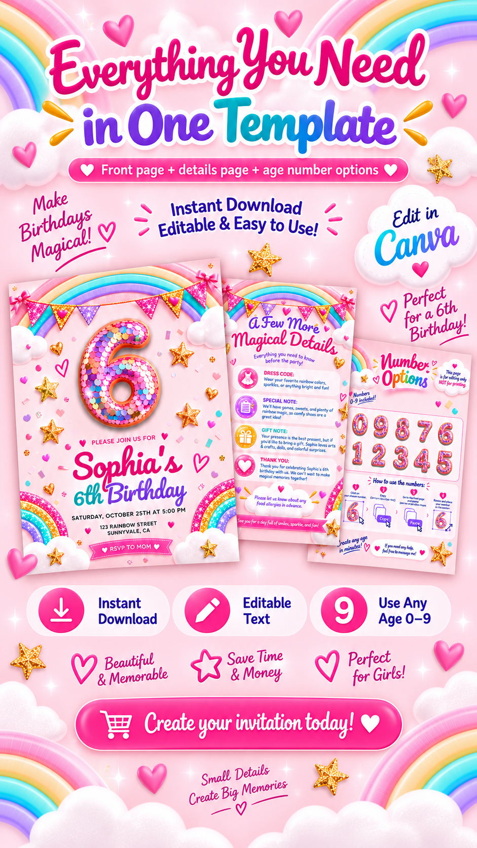 Printable Rainbow Birthday Invitation editable Canva template featuring colorful design for Sophia's 6th birthday.
