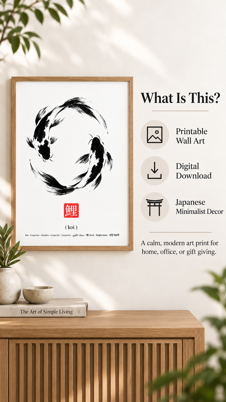 Japanese Koi Wall Art featuring minimalist ink-brush style koi fish for digital download and modern decor.