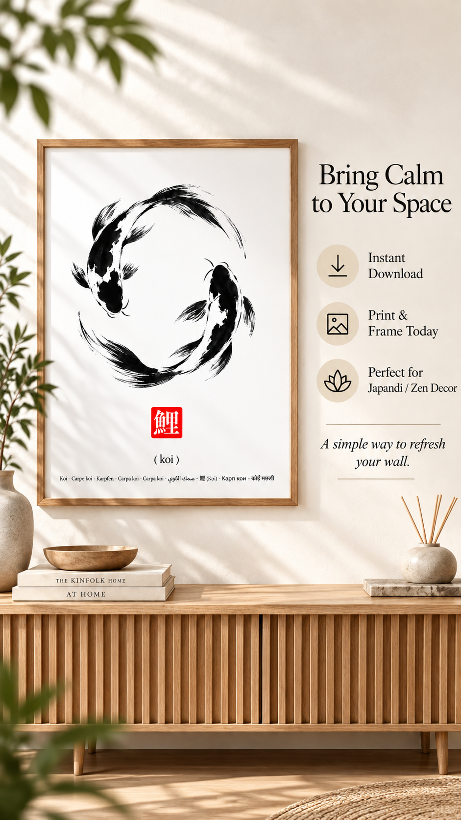 Japanese Koi Wall Art – Minimalist printable poster showcasing elegant koi fish in ink-brush style.