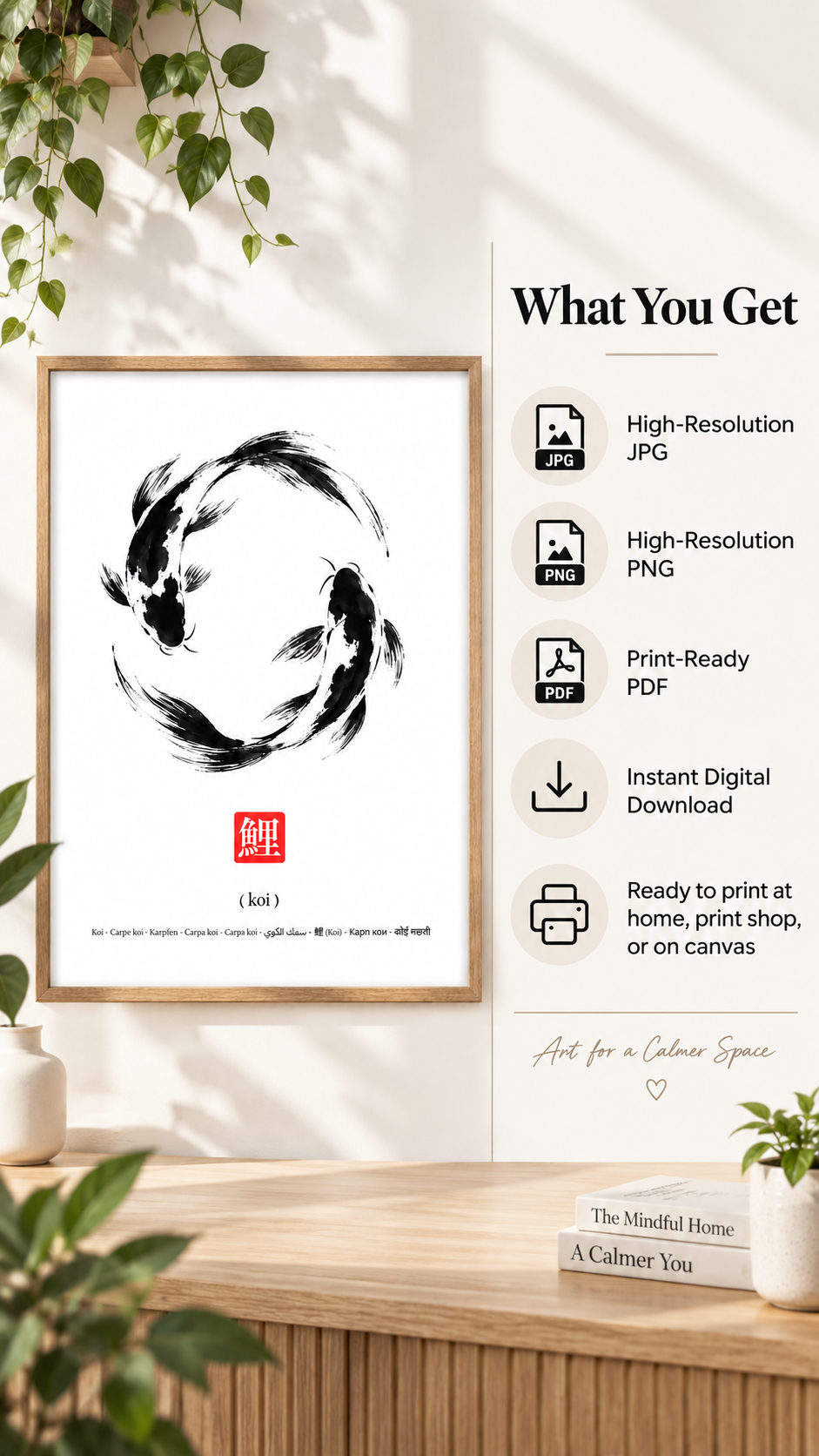 Japanese Koi Wall Art - Minimalist printable poster featuring elegant koi fish in Japanese ink-brush style.