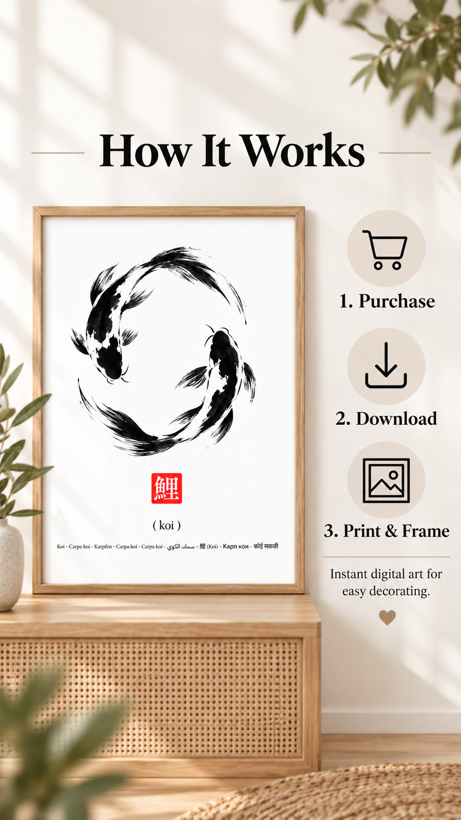Japanese Koi Wall Art showcasing minimalist design with koi fish in ink-brush style, easy digital download for decorating.