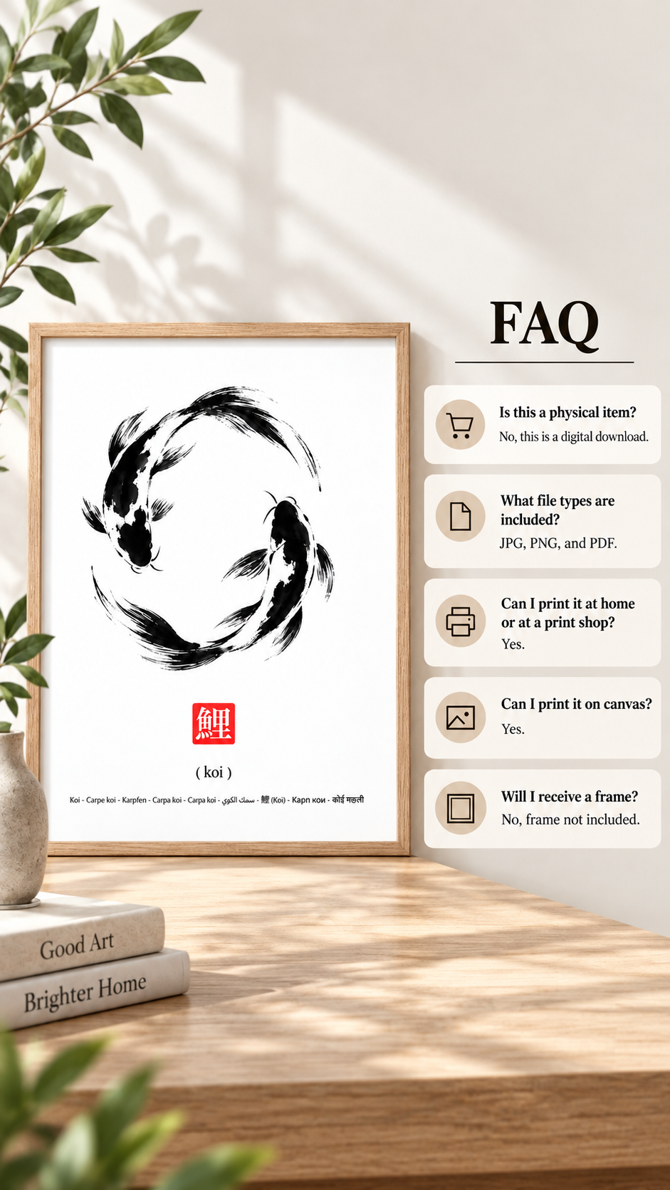 Japanese Koi Wall Art displayed in a frame with a FAQ section about prints and downloads.