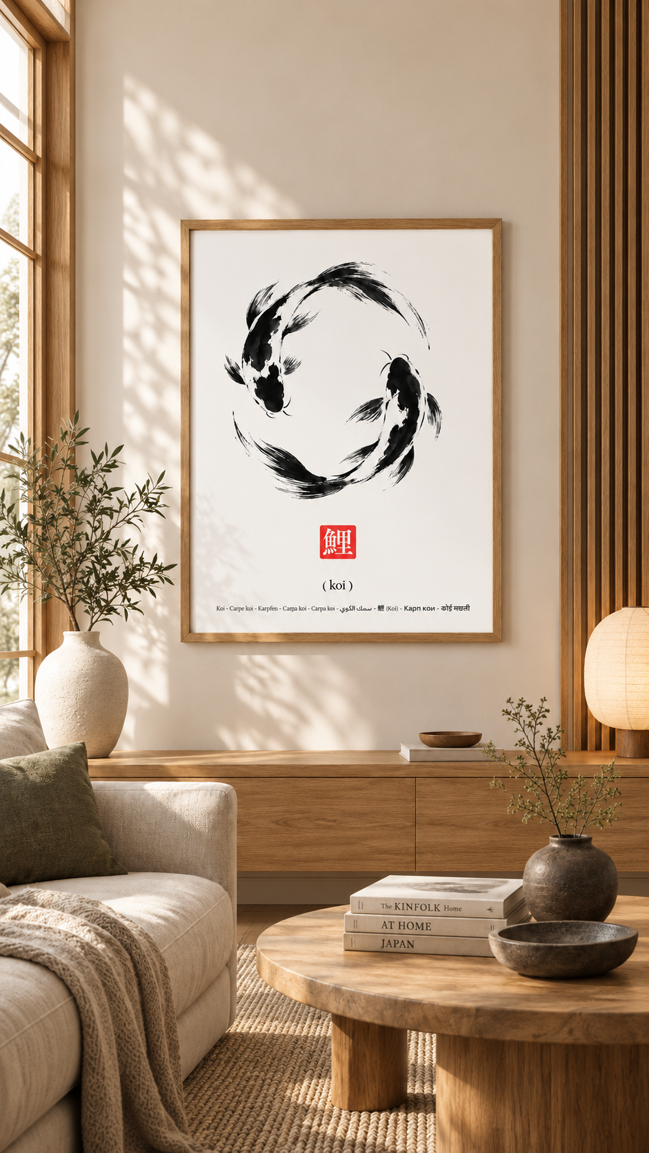 Japanese Koi Wall Art in a minimalist setting, featuring elegant koi fish in ink-brush style.