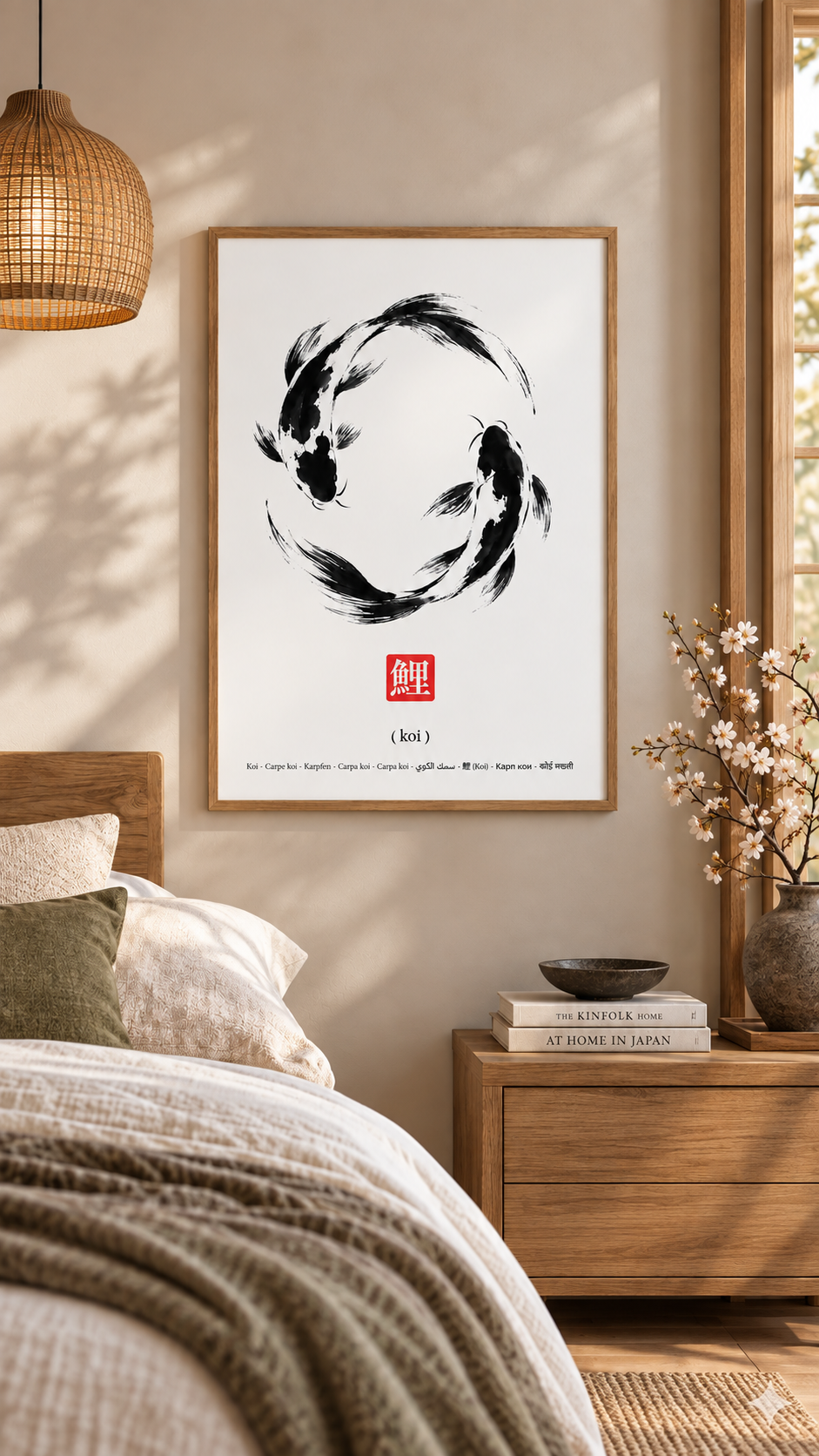 Japanese Koi Wall Art minimalist printable poster featuring elegant koi fish design in a serene bedroom setting.