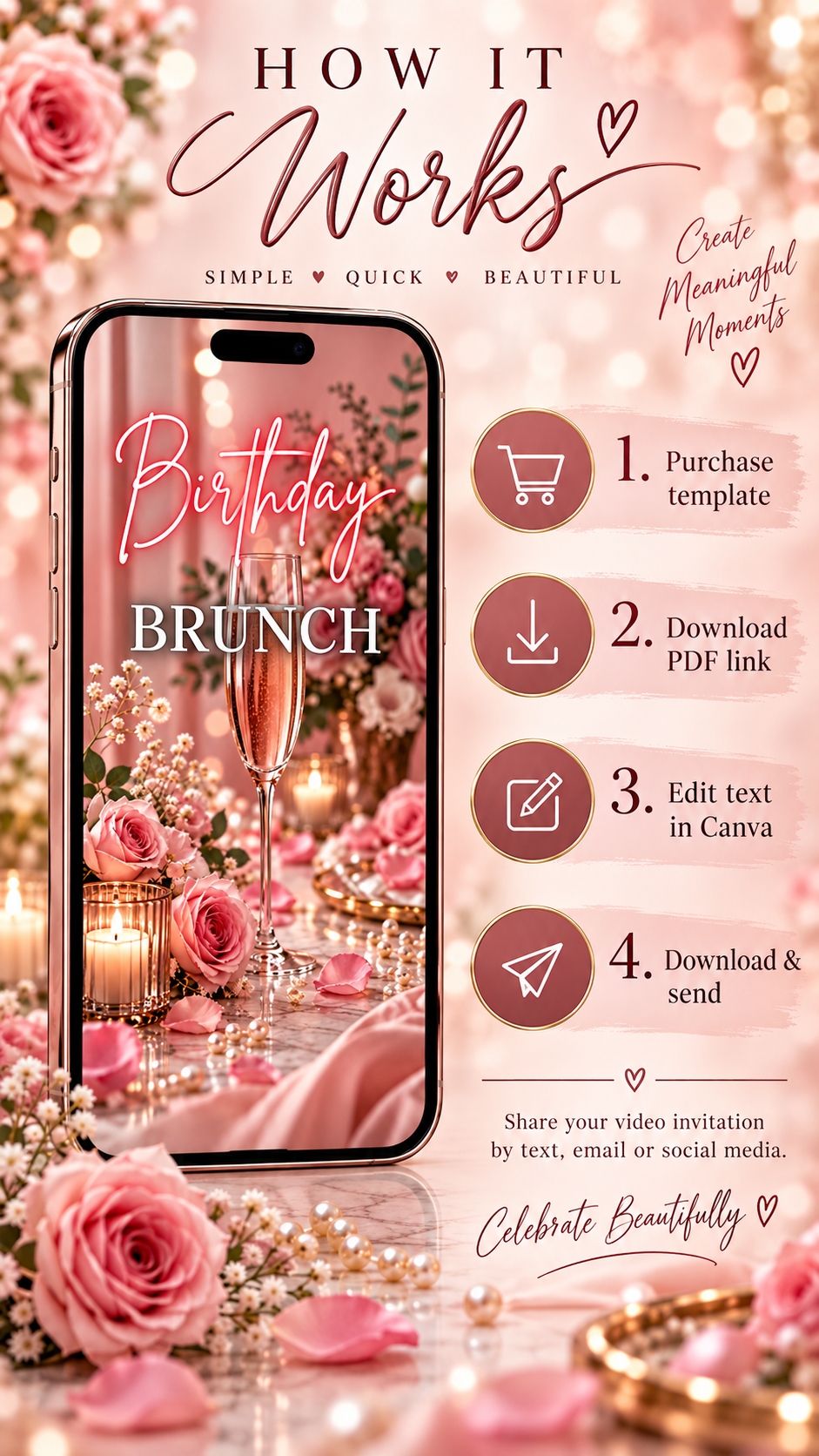 How it works for the Birthday Brunch Video Invitation Canva template with pink floral design and champagne glasses.