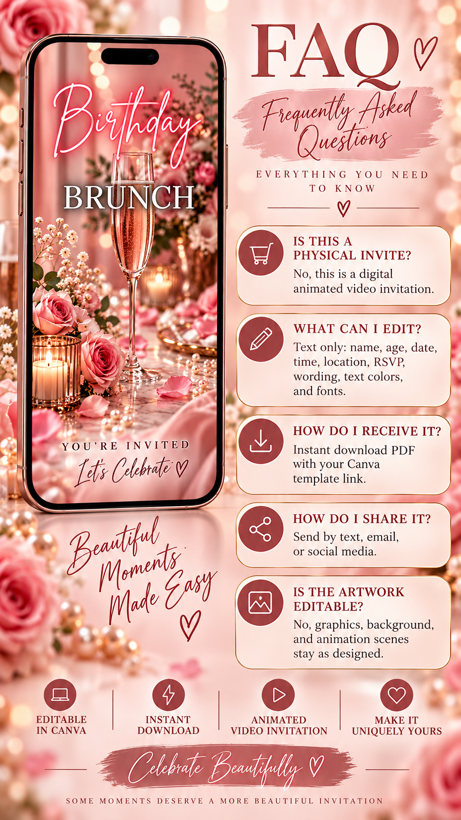 Birthday Brunch Video Invitation FAQ image showing elegant details and customization options for the digital invitation.