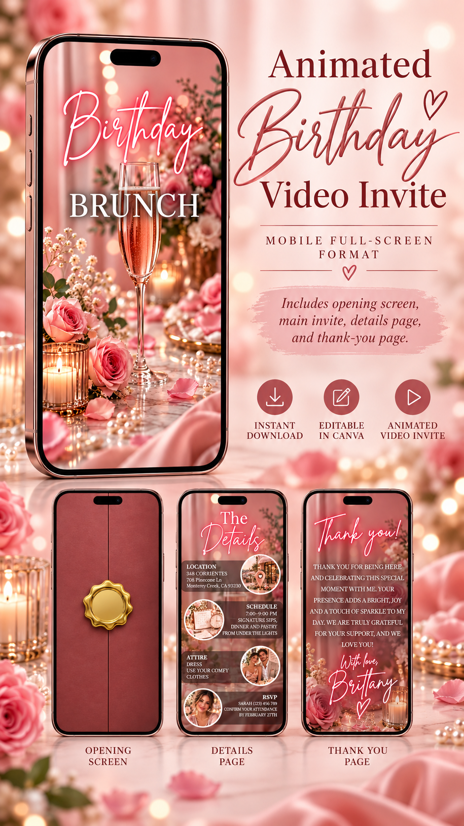 Birthday Brunch Video Invitation featuring elegant floral design, champagne glass, and animated screens.