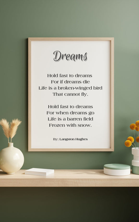 Motivational Poem Printable – Minimalist Black & White Wall Art featuring 'Dreams' by Langston Hughes in a modern frame