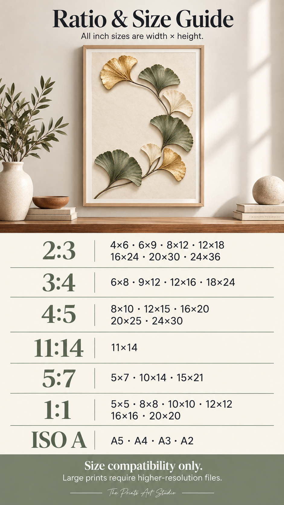 Ginkgo Biloba Printable Wall Art size and ratio guide with dimensions for various print sizes