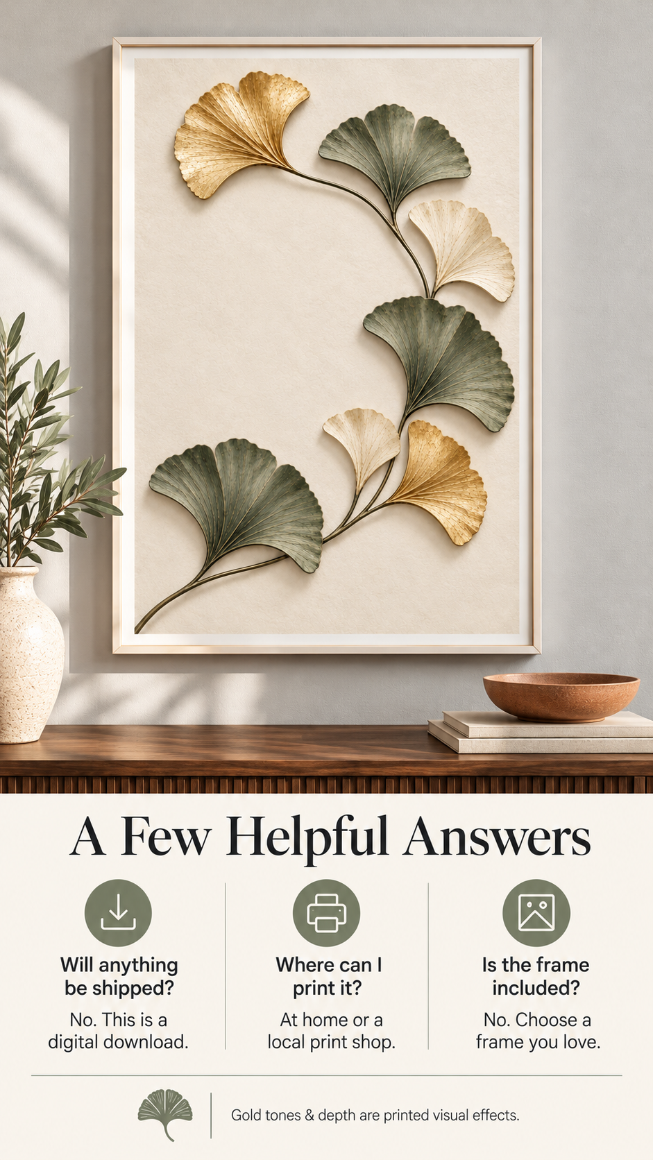 Ginkgo Biloba Printable Wall Art featuring gold, sage green, and ivory leaves on a cream background.