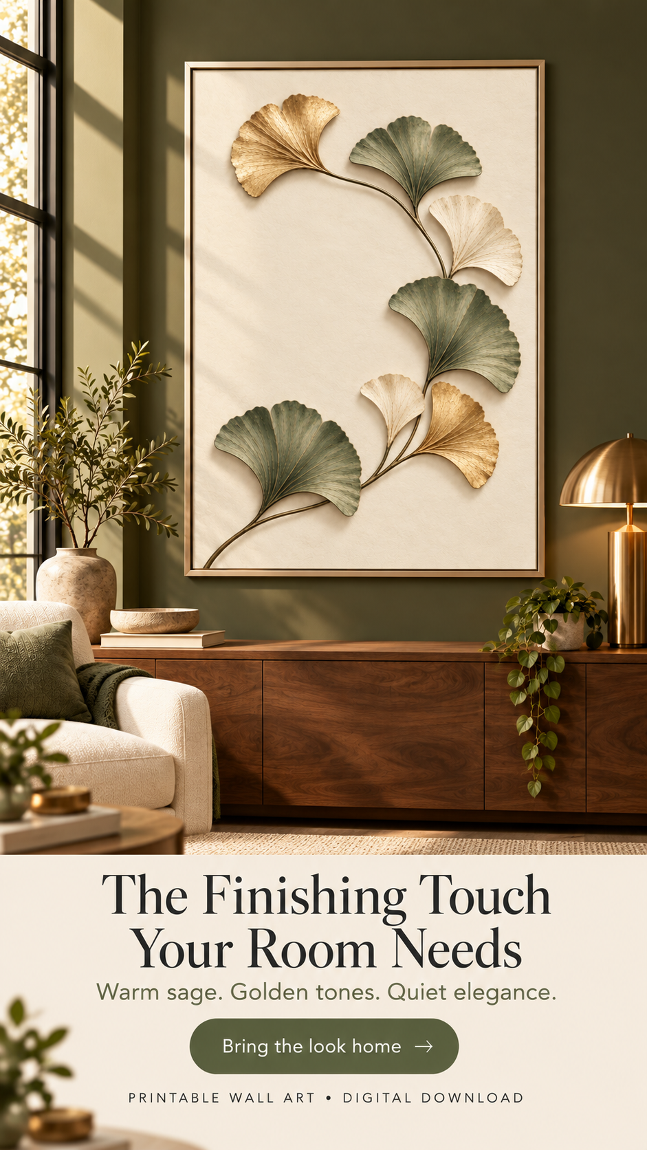 Ginkgo Biloba Printable Wall Art featuring gold and sage green leaves in a stylish living room setting.