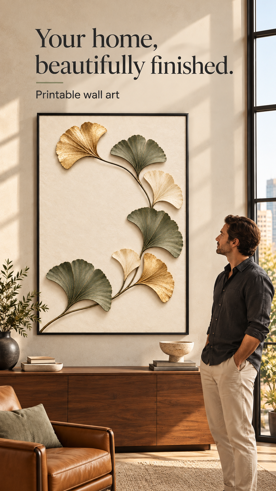 Ginkgo Biloba Printable Wall Art featuring gold and green ginkgo leaves in a living room setting.