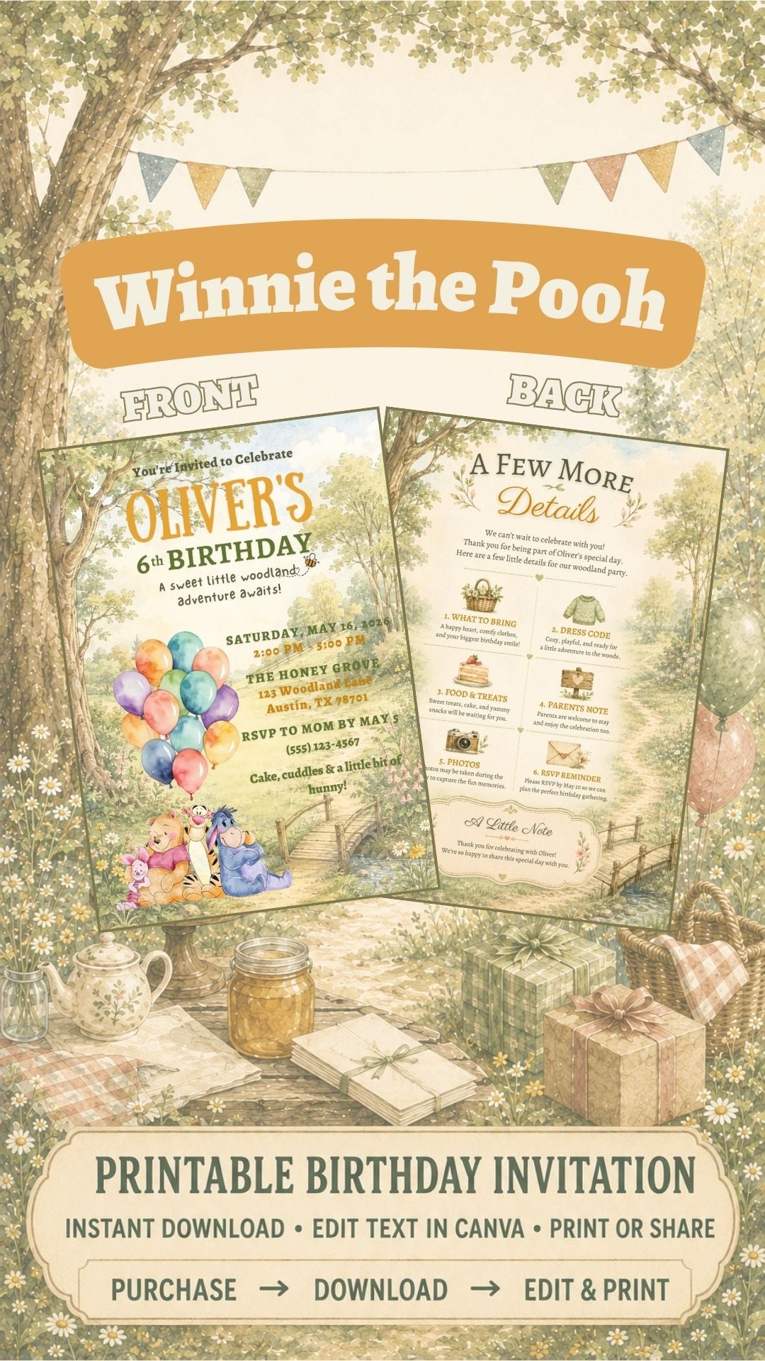 Winnie the Pooh Birthday Invitation printable design featuring a woodland theme with balloons and storybook colors.