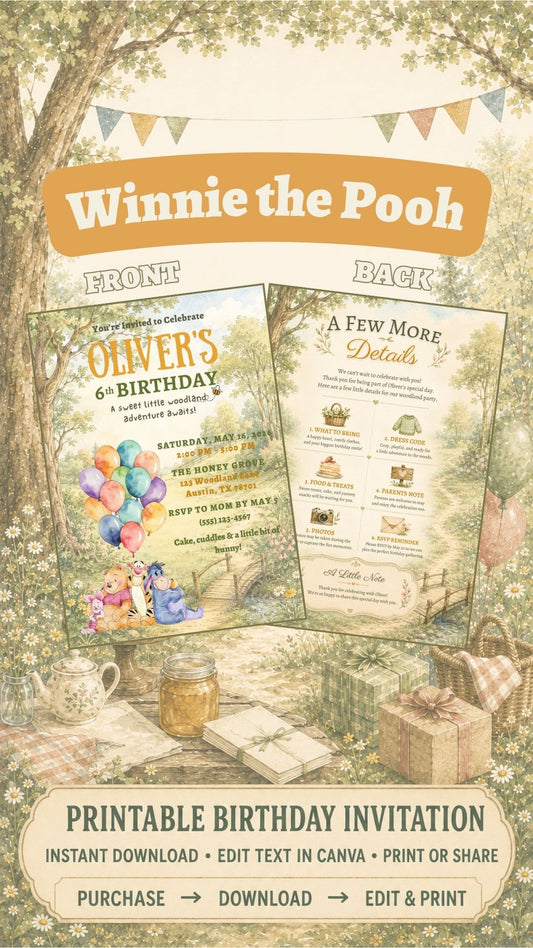 Winnie the Pooh Birthday Invitation printable design featuring a woodland theme with balloons and storybook colors.