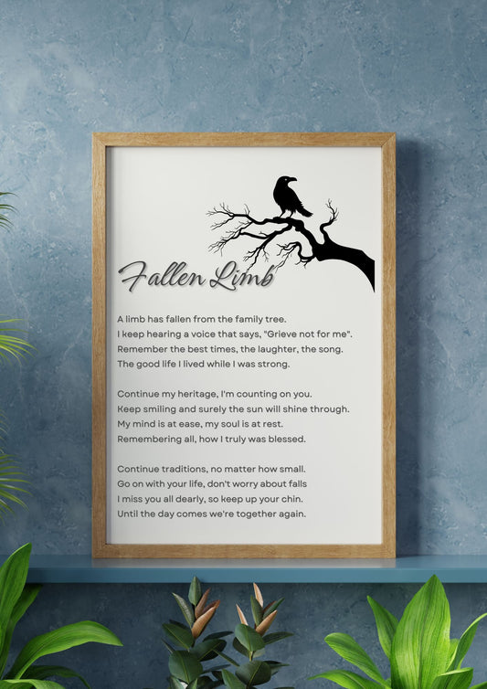 'Fallen Limb Memorial Poem – Sympathy Digital Print' framed with tree branch and raven design on blue wall.