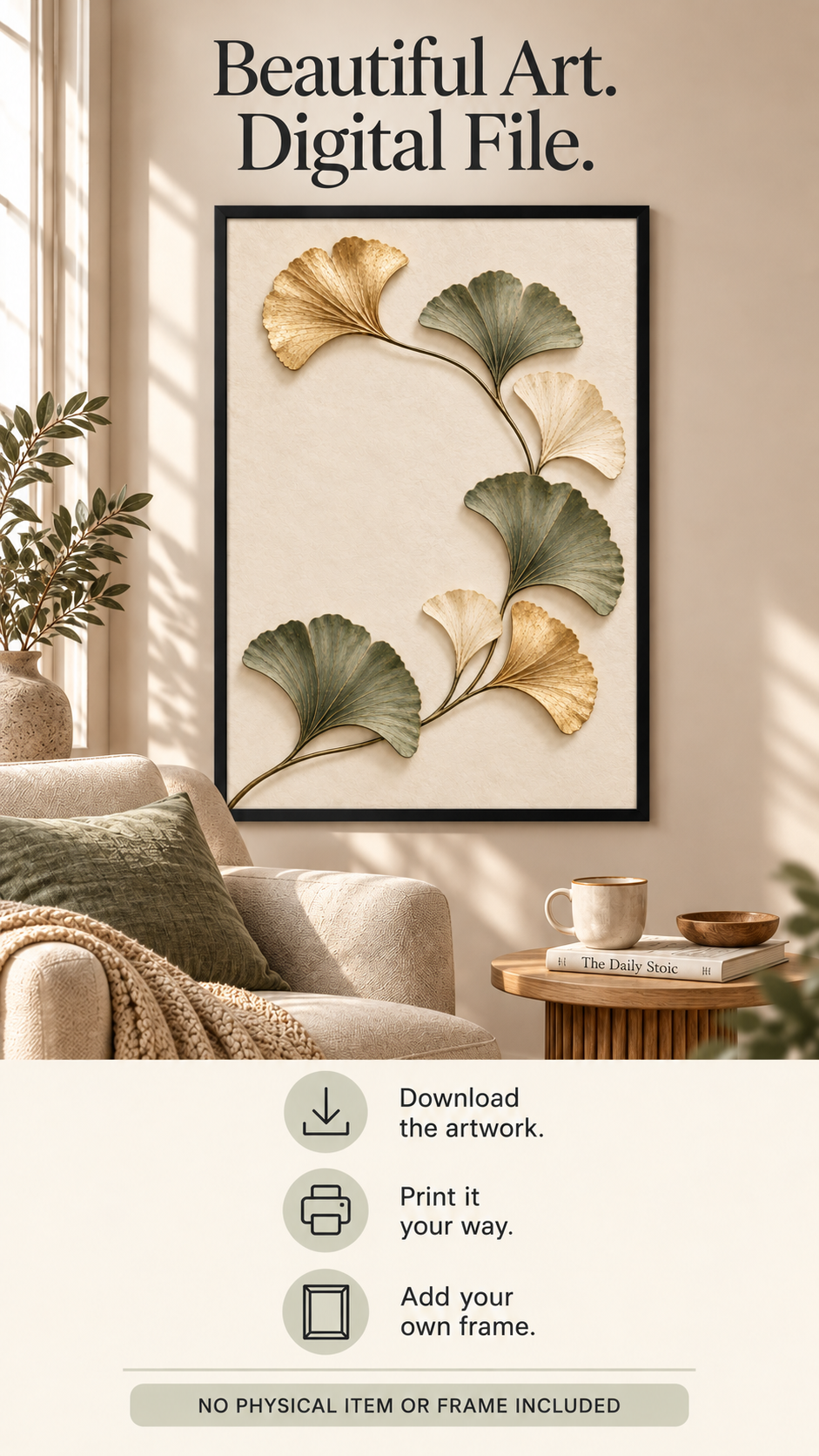 Ginkgo Biloba Printable Wall Art featuring elegant gold and sage green leaves on a warm cream background.