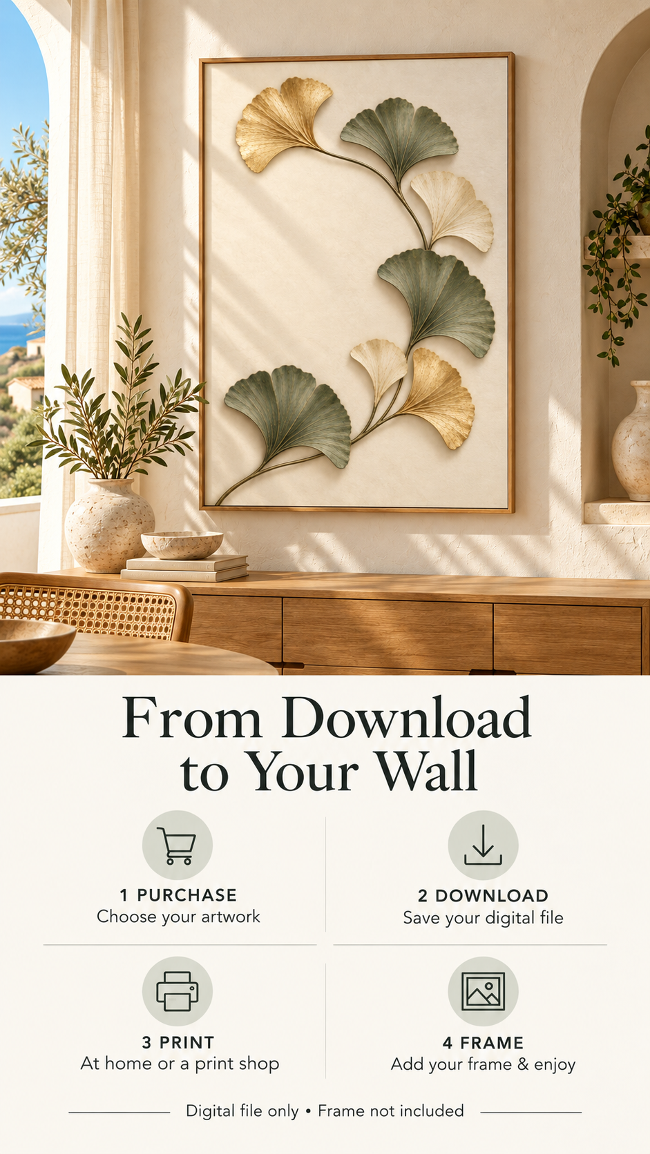 Ginkgo Biloba Printable Wall Art featuring elegant ginkgo leaves in gold and sage green, framed in a cozy interior setting.