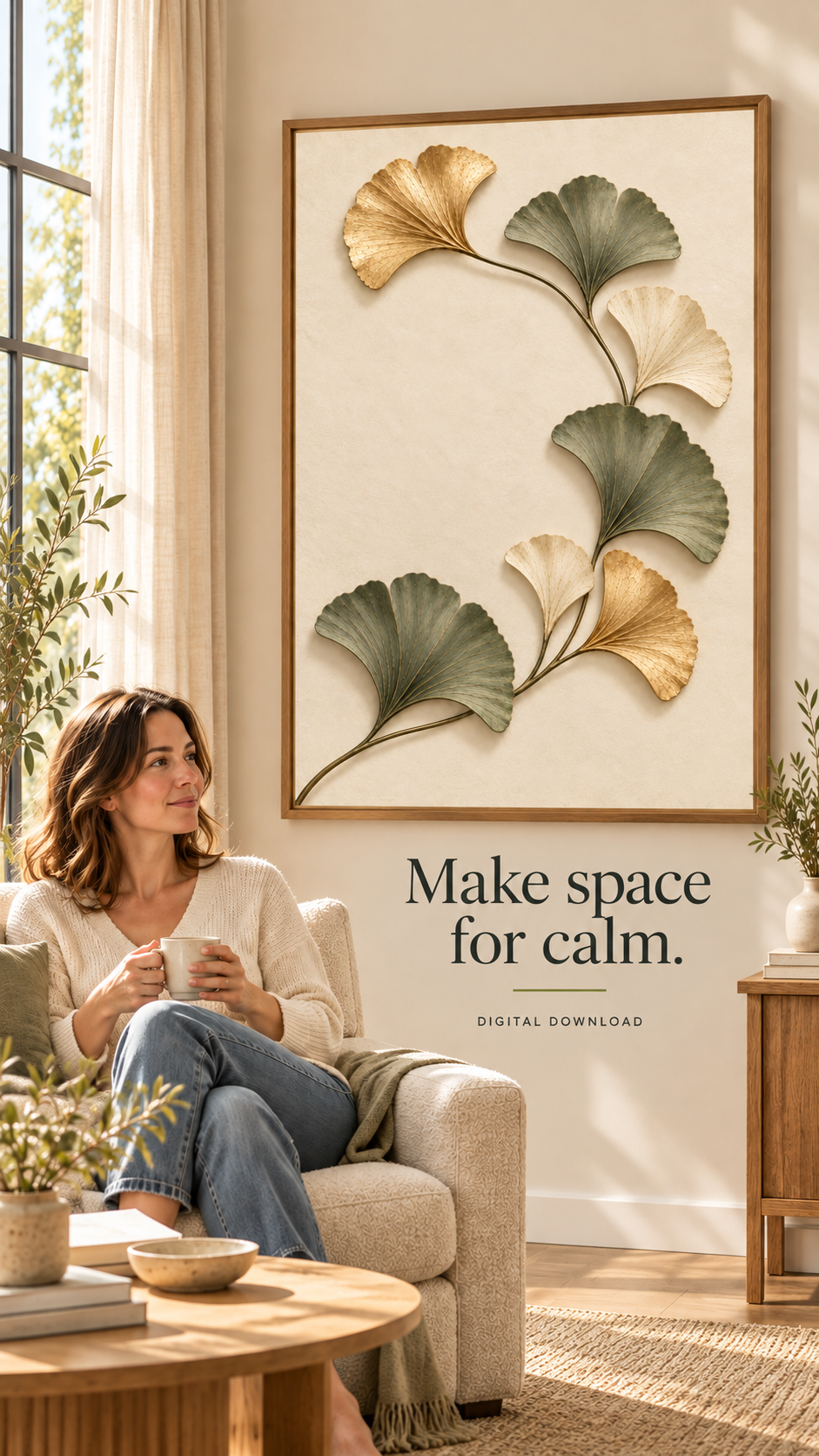 Ginkgo Biloba Printable Wall Art featuring elegant gold and green leaves, creating a calm ambiance in a cozy living room setting.