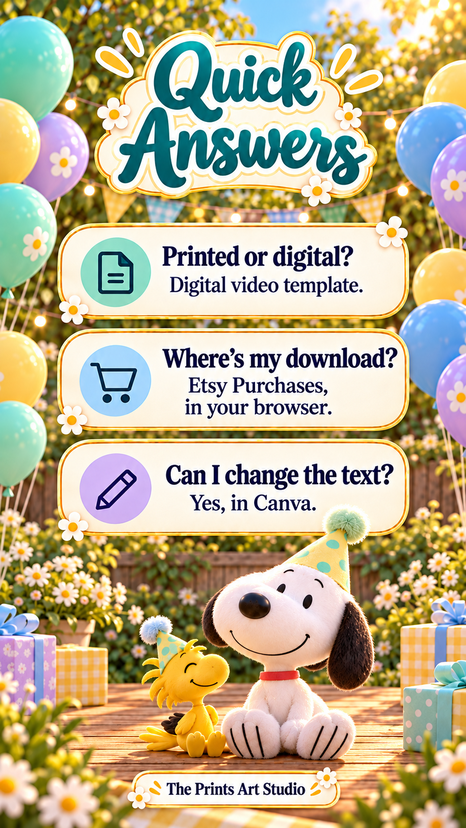 Snoopy Birthday Video Invitation with quick answers about digital template features and customization.