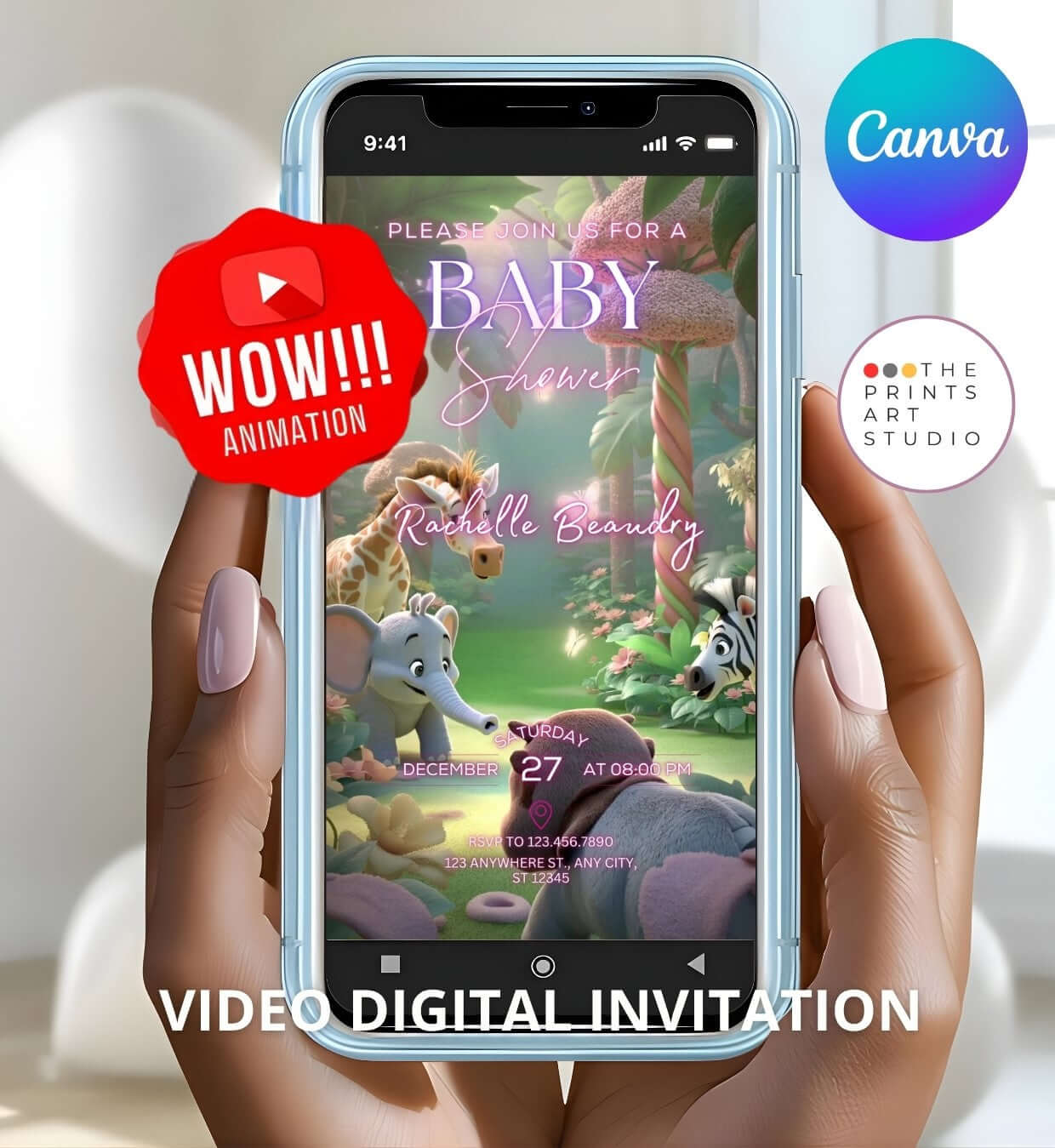 Editable Baby Shower Video Invitation Template | Canva Digital Invite displayed on a smartphone with jungle animal theme.