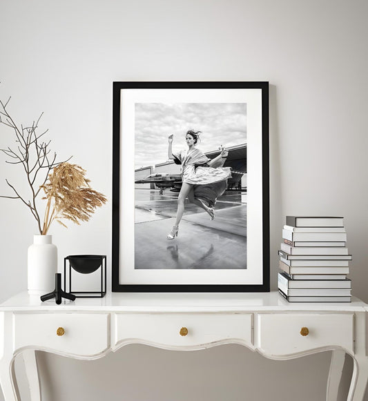Modern Fashion Art Print – Black & White Woman Running Near Jet