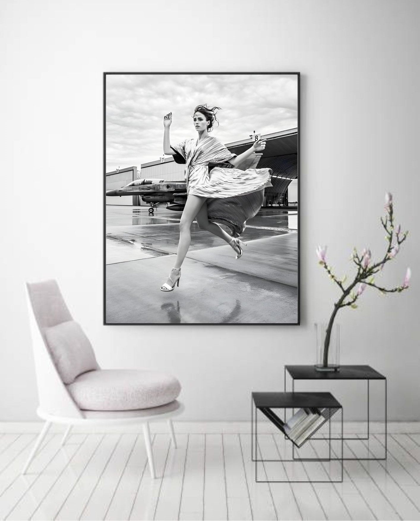 Modern Fashion Art Print – Black & White Woman Running Near Jet