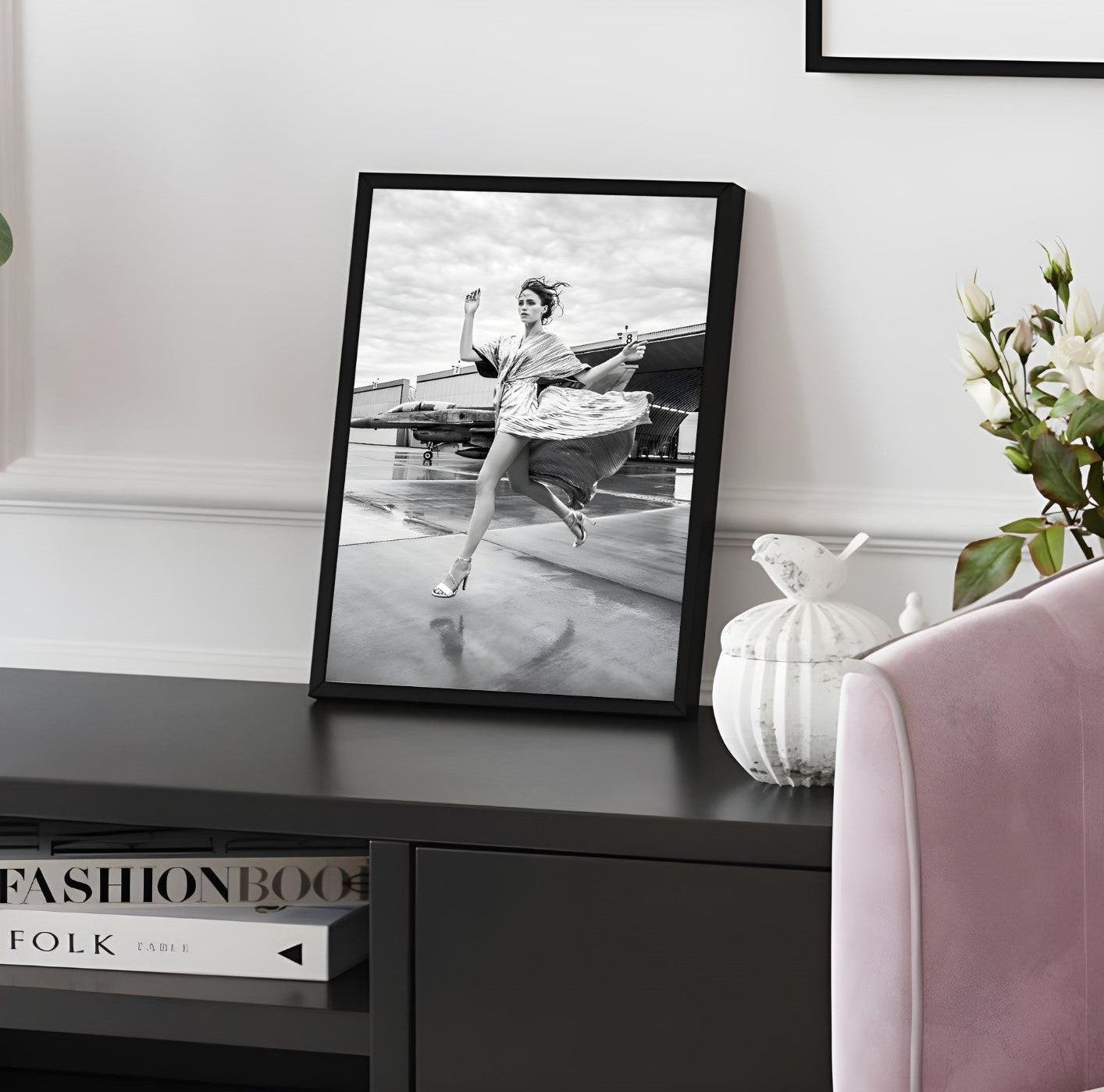 Modern Fashion Art Print – Black & White Woman Running Near Jet