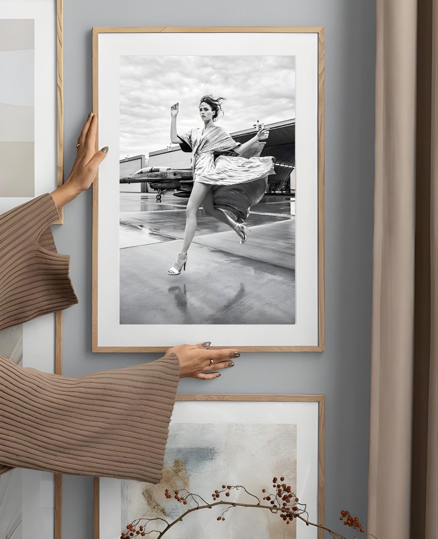 Modern Fashion Art Print – Black & White Woman Running Near Jet
