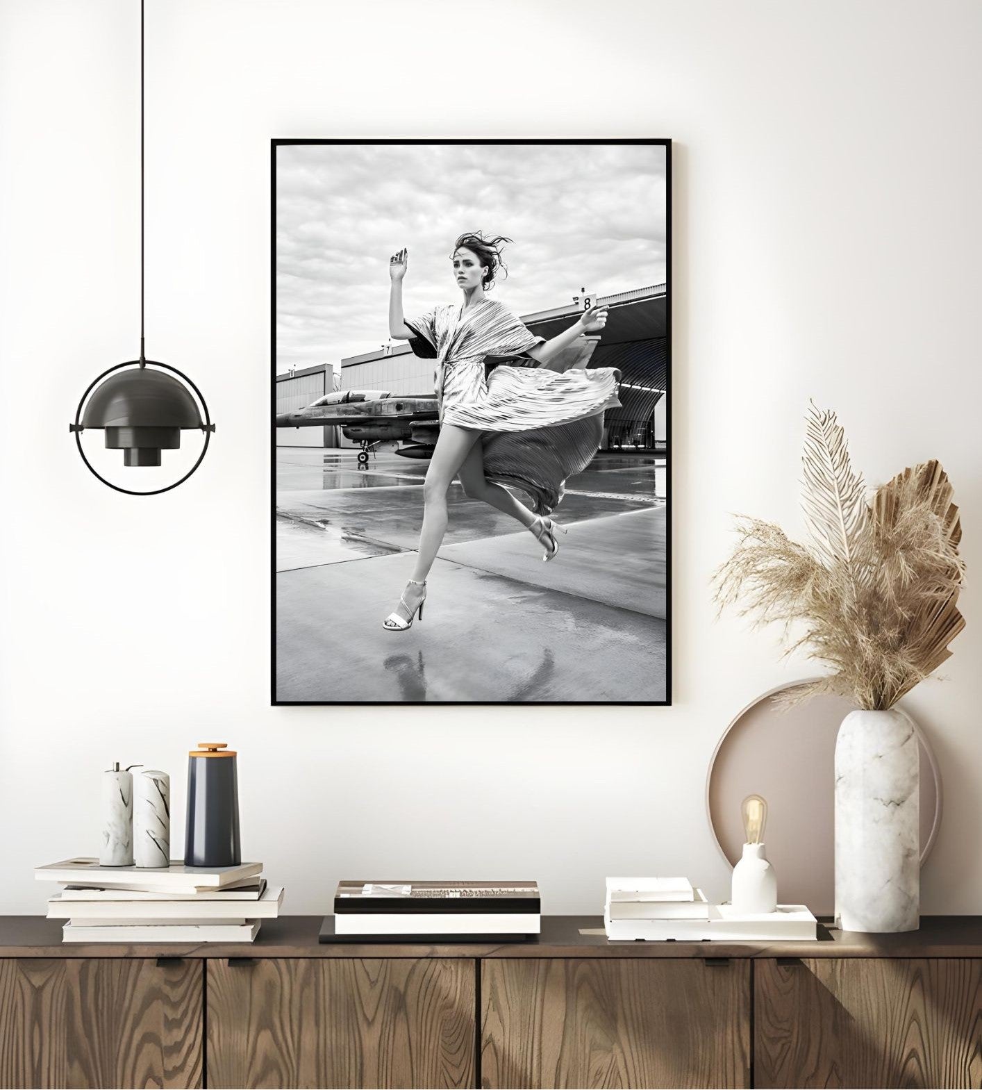 Modern Fashion Art Print – Black & White Woman Running Near Jet
