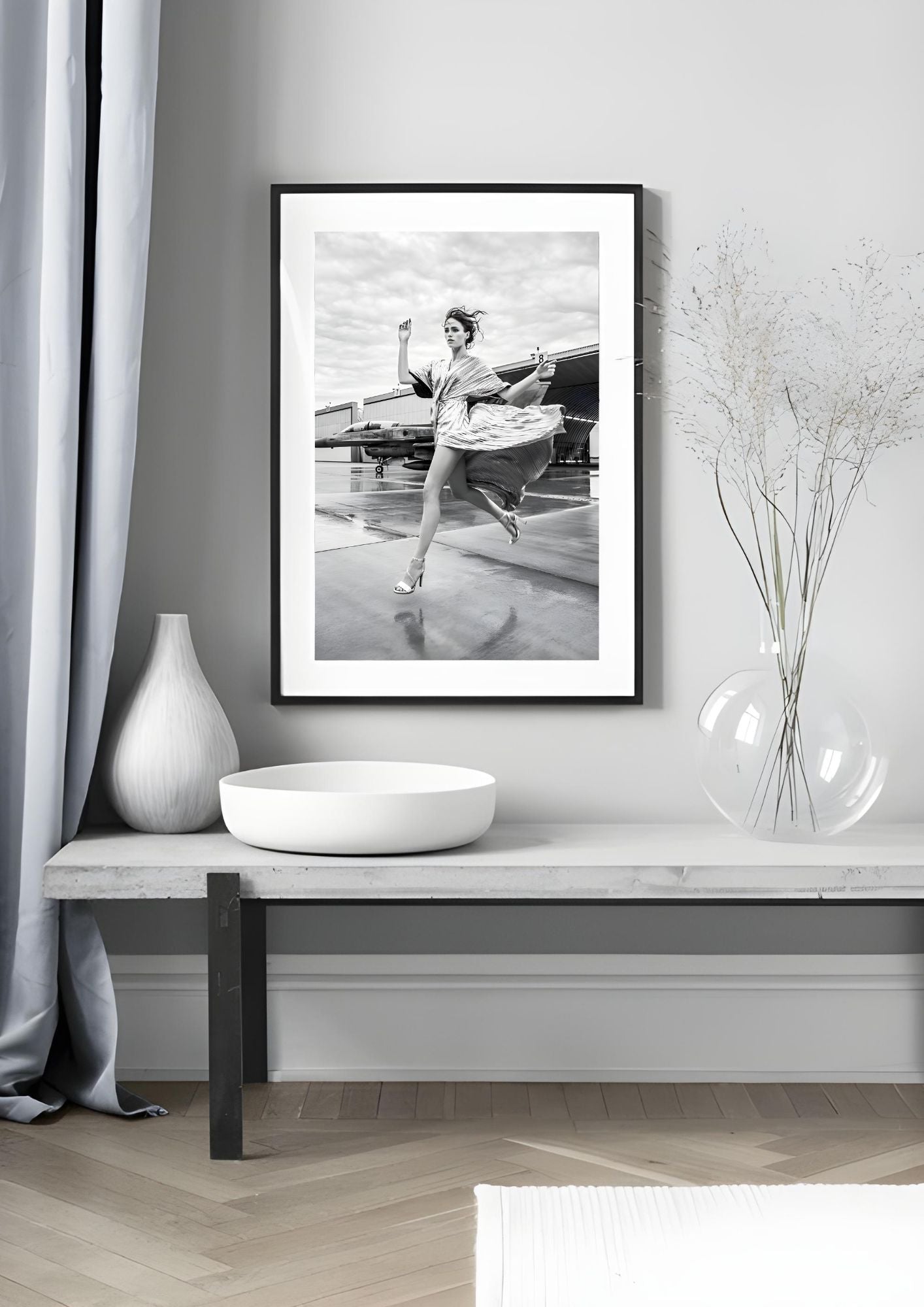Modern Fashion Art Print – Black & White Woman Running Near Jet