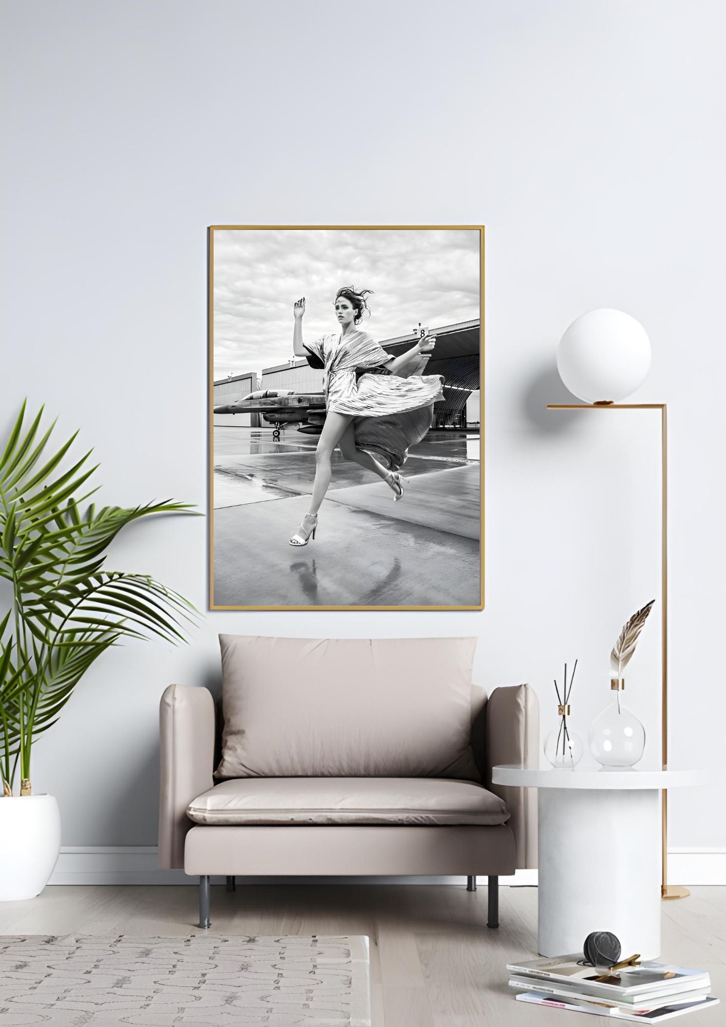Modern Fashion Art Print – Black & White Woman Running Near Jet