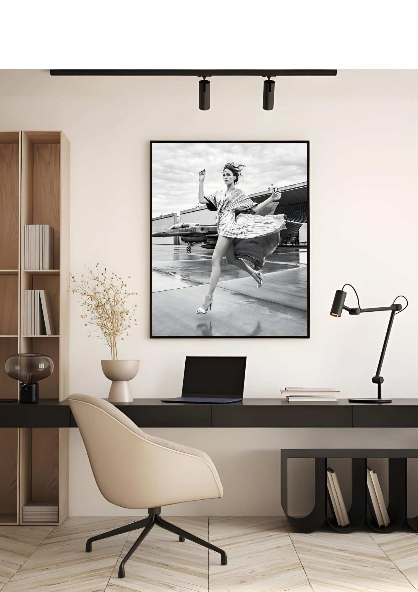 Modern Fashion Art Print – Black & White Woman Running Near Jet