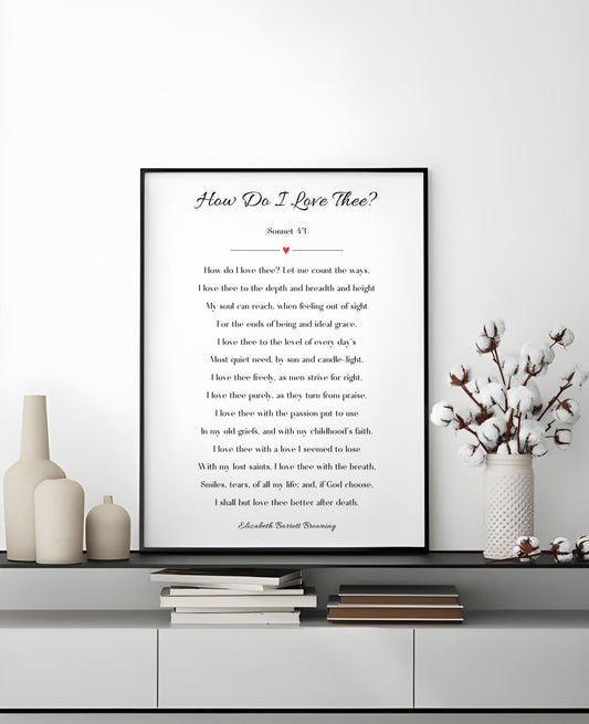 "How Do I Love Thee? - Elizabeth Barrett Browning Poem Print" displayed on a modern shelf with elegant decor.