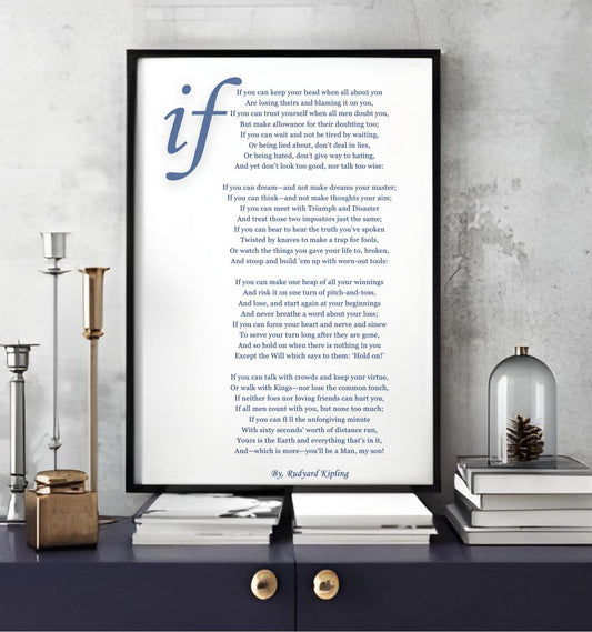 Decorative display of 'If - Rudyard Kipling Poem Printable' framed poem art on a shelf in a modern interior setting.