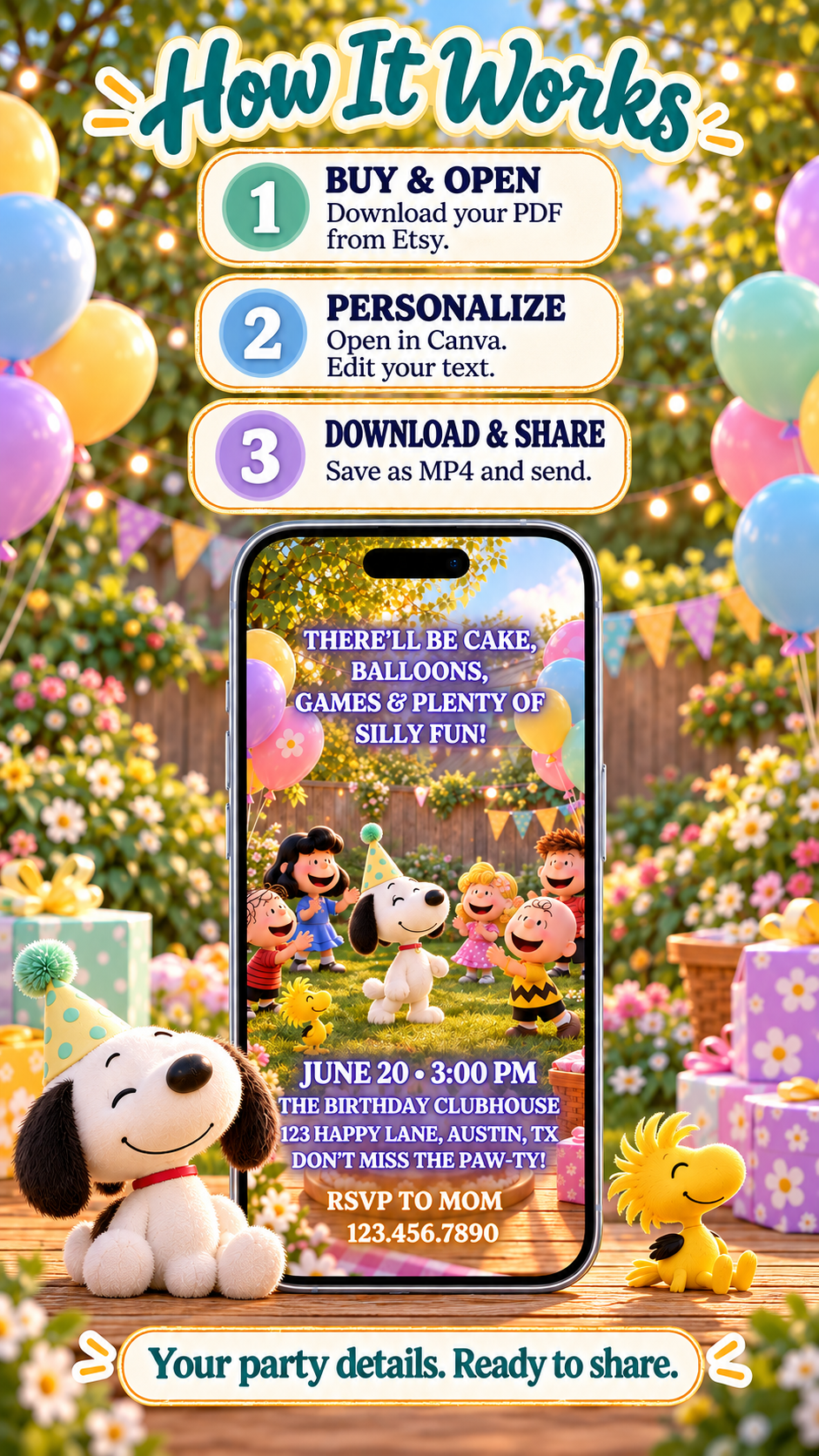 Snoopy Birthday Video Invitation showing steps to buy, personalize, and share a party video invite.