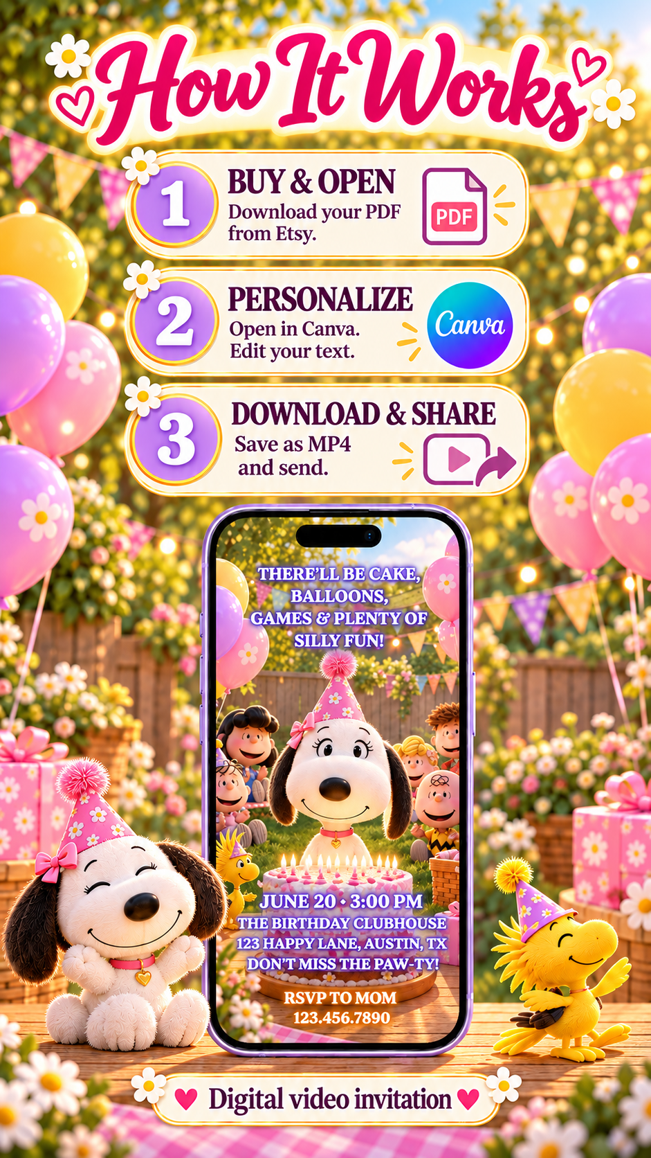 Pink Snoopy Birthday Video Invitation showing a colorful digital invitation process with cartoon characters, balloons, and party details.