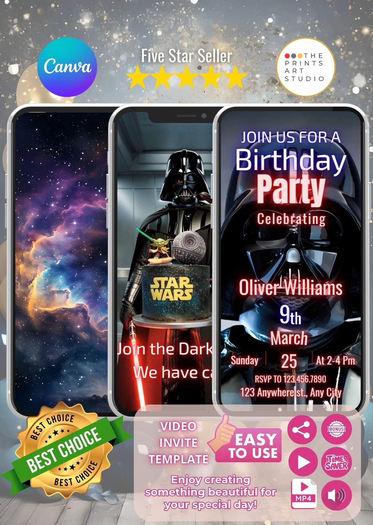 Star Wars Darth Vader Video Invitation displayed on a phone screen with cosmic background and birthday details.