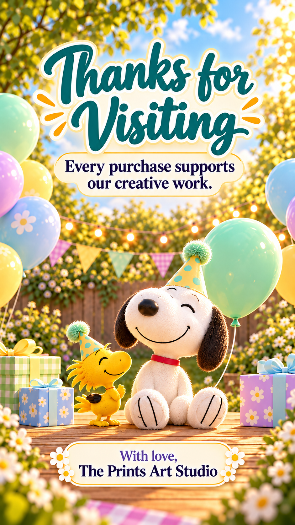 Snoopy Birthday Video Invitation with cheerful characters, balloons, and a garden party theme for a festive celebration.