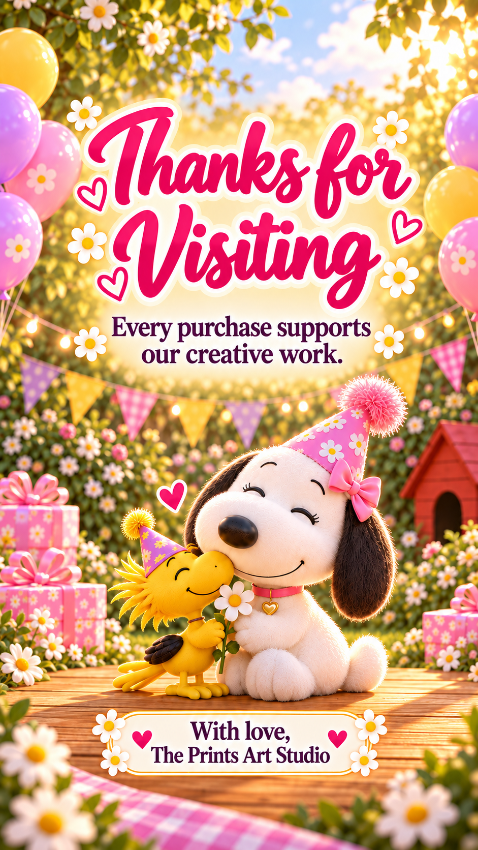 Pink Snoopy Birthday Video Invitation featuring a cute puppy, festive balloons, and a cheerful garden party backdrop.