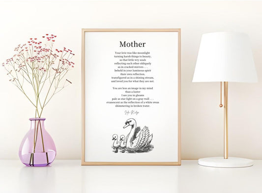 Mother - Printable Poetry Wall Art featuring a poem by Lola Ridge with a swan and cygnets illustration, perfect for Mother's Day gift.