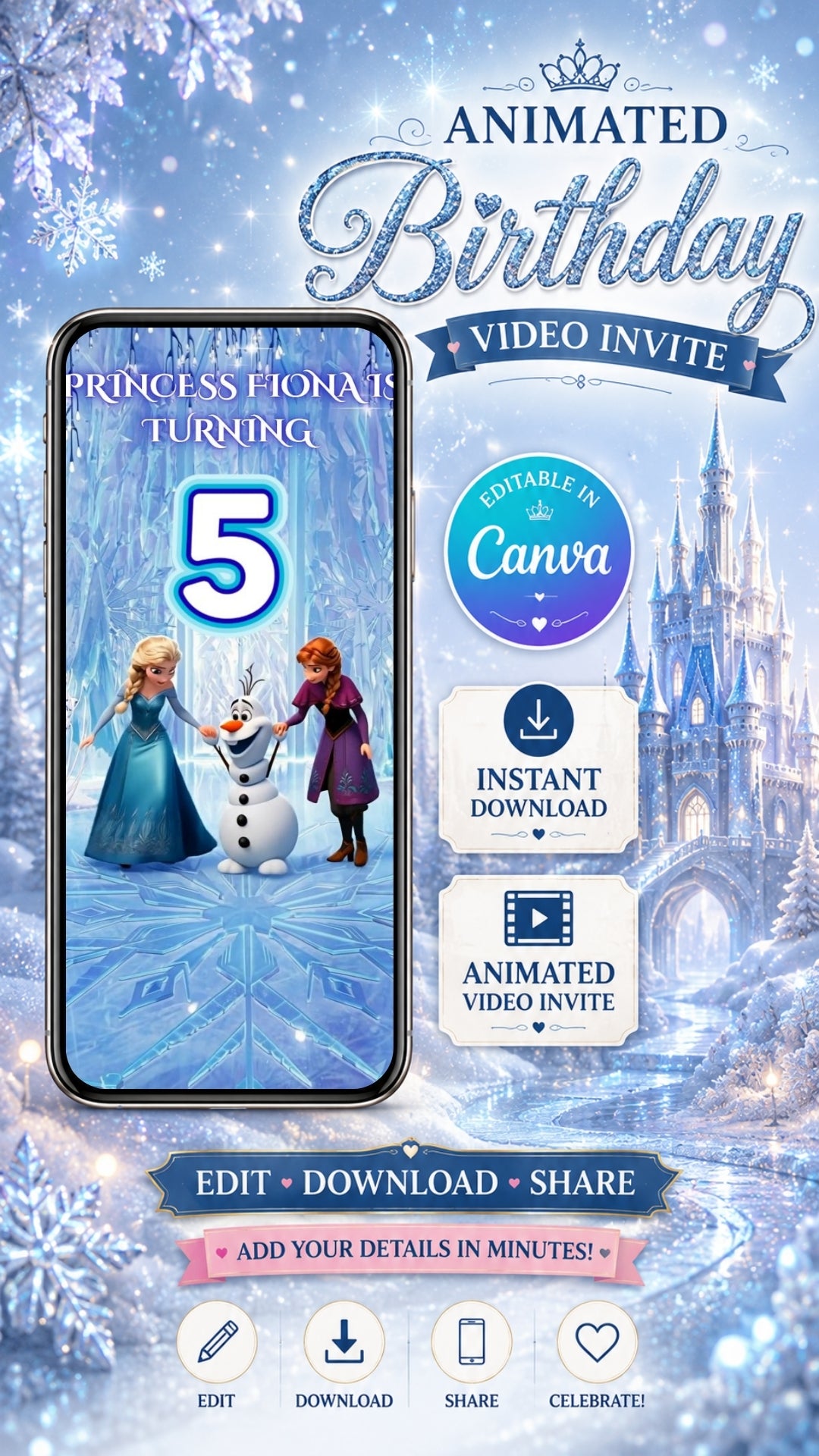 Frozen birthday invitation video featuring animated characters and snowy backdrop for a magical celebration.