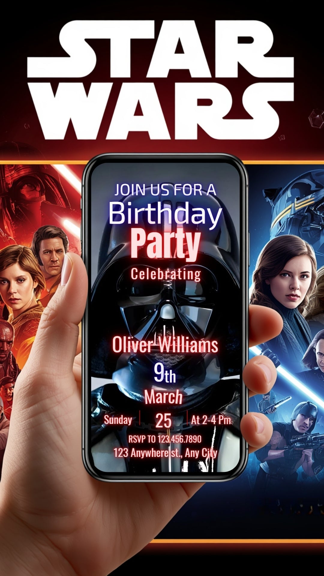 Star Wars Darth Vader Video Invitation on a smartphone for Oliver Williams' birthday party.