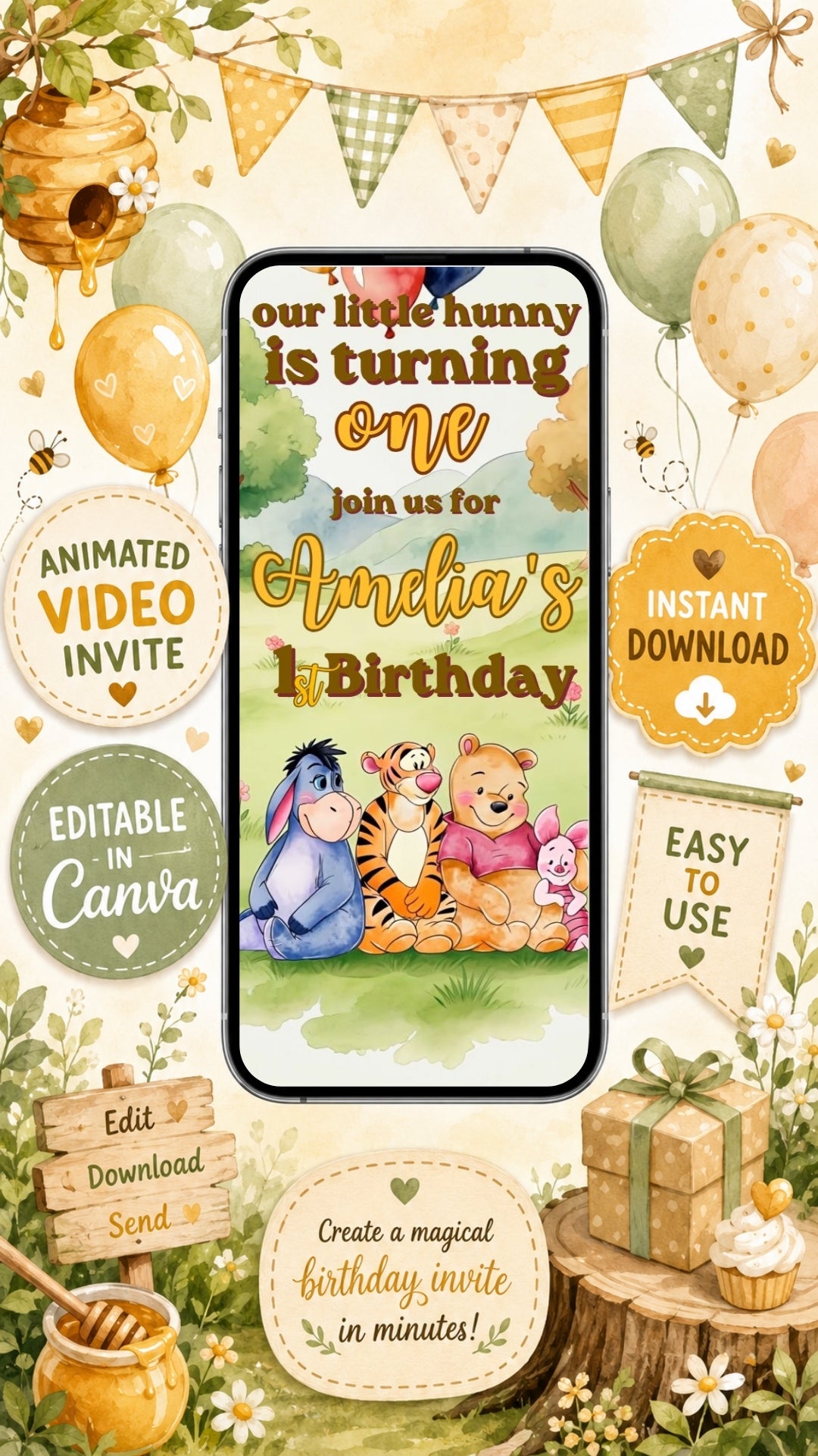 Pooh first birthday invitation video template featuring Winnie the Pooh characters for Amelia's first birthday celebration.