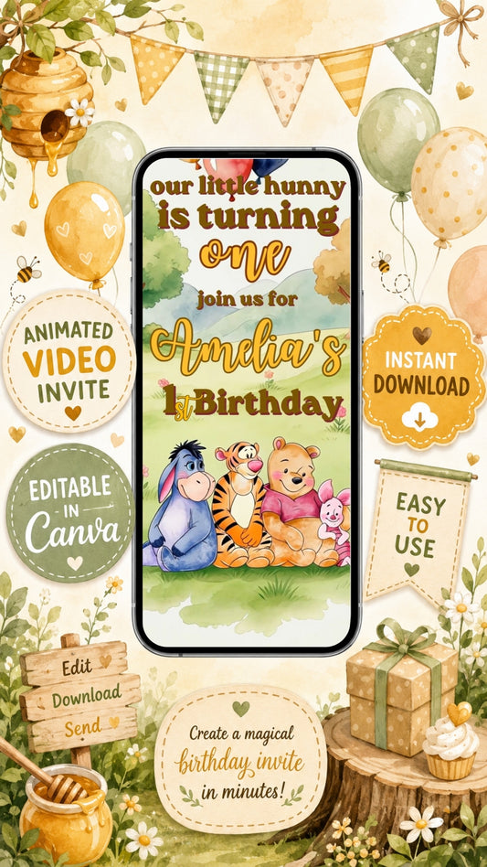 Pooh first birthday invitation video template featuring Winnie the Pooh characters for Amelia's first birthday celebration.