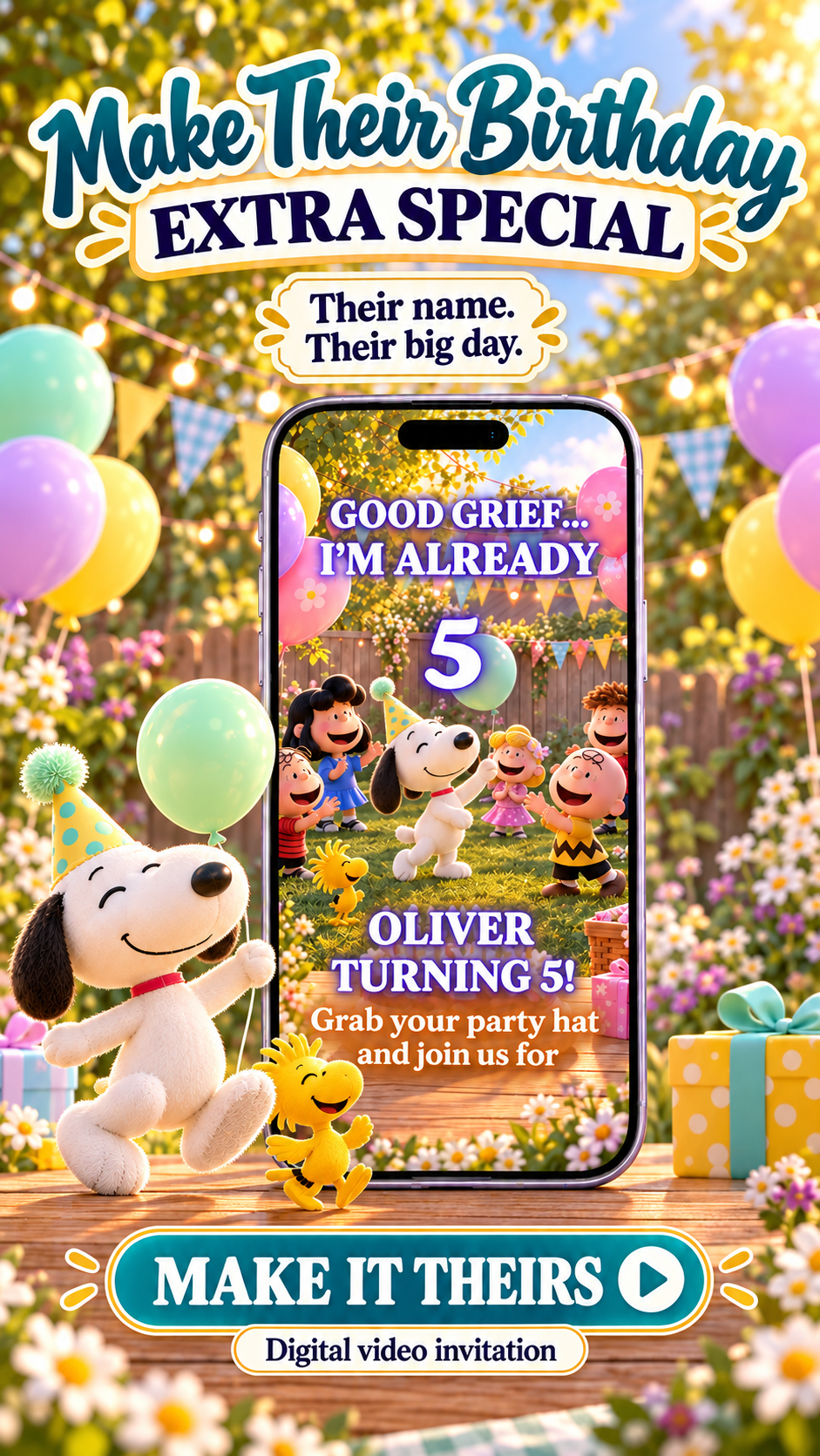 Snoopy Birthday Video Invitation featuring a colorful garden party and animated characters celebrating a child's birthday.
