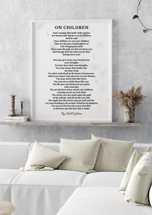 On Children - Khalil Gibran Poem Print | Parenting Wisdom Wall Art | Inspirational Literary Quote in elegant living room decor