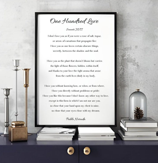 One Hundred Love - Pablo Neruda Poem Print | Romantic Poetry Wall Art | Sonnet XVII on shelf with books and candlesticks