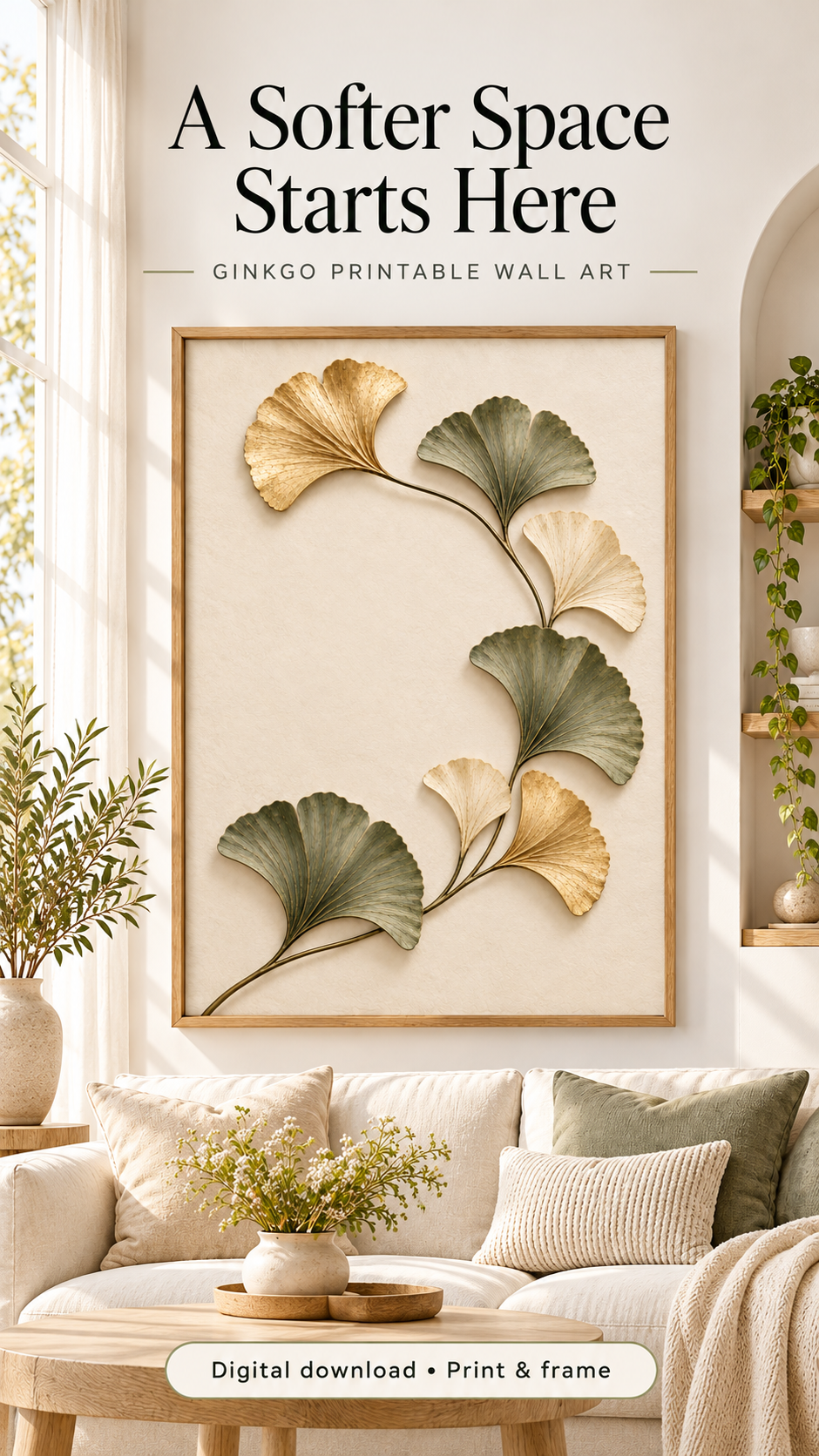 Ginkgo Biloba Printable Wall Art featuring elegant ginkgo leaves in gold and sage green on a cream background.