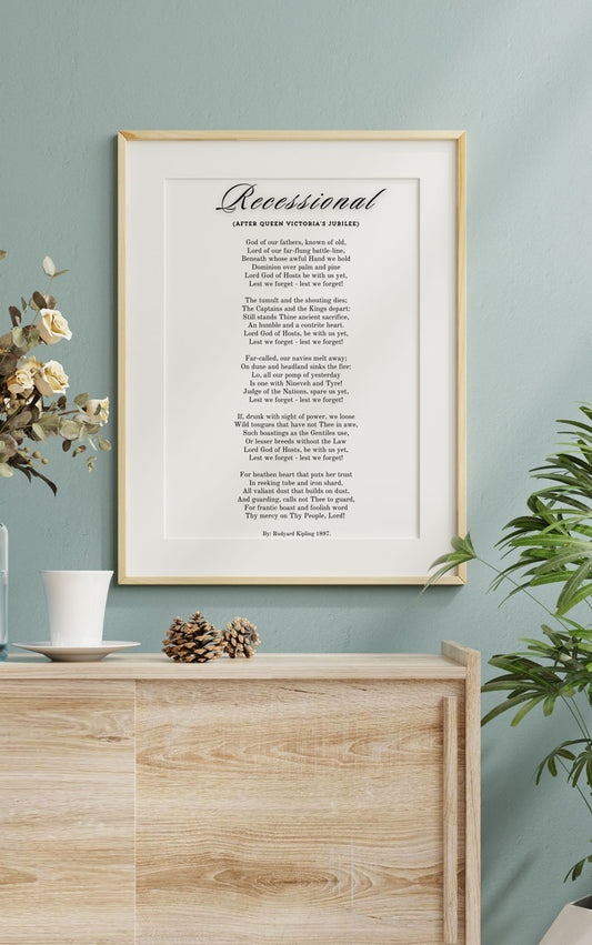 Recessional by Rudyard Kipling – Inspirational Poetry Printable Wall Art elegantly framed on a wall above wooden cabinet