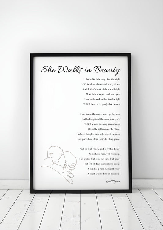 She Walks in Beauty by Lord Byron – Romantic Poetry Printable Wall Art in a frame, elegant home decor for literature lovers.